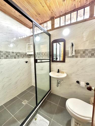 a bathroom with a shower and a toilet and a sink at Eco Hotel las Palmas in Armenia