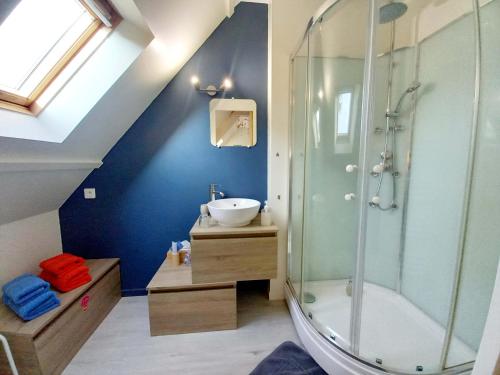a bathroom with a glass shower and a sink at Gîte 2 chambres Au Gré du Vent, Côte d'Albâtre, Normandie in Malleville-les-Grès