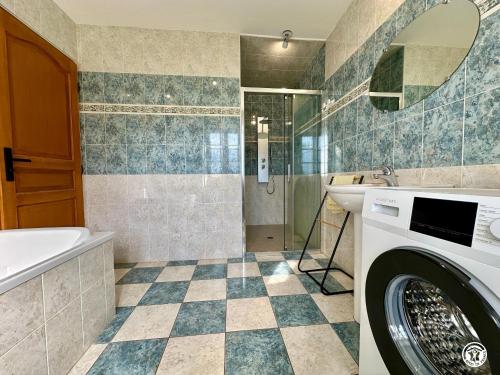 a bathroom with a washing machine and a sink at La Renardière in Chènesaint