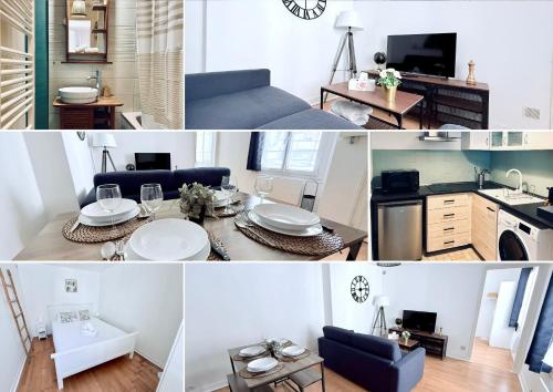 un collage de fotos de una cocina y una sala de estar en Le Roy Soleil Classé 3 étoiles Cosy & Cœur du quartier Saint-Louis, en Versalles