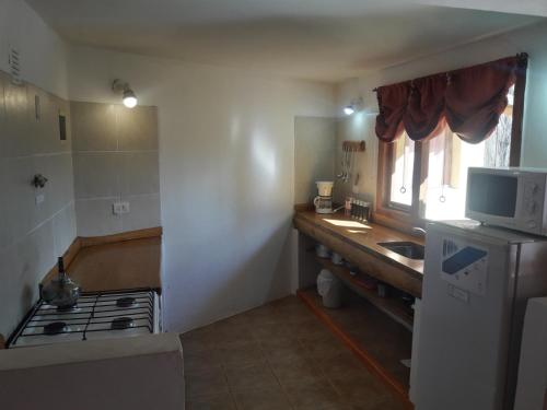 a small kitchen with a stove and a sink at Alamos del sur Apart hotel in San Carlos de Bariloche