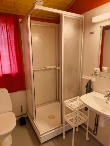 a shower in a bathroom with a sink and a toilet at Retreat Øklandsnes in Tjernagel