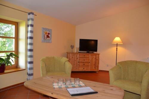 a living room with two chairs and a table and a tv at Hofgut Wollin GmbH in Putgarten