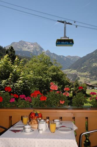 a table with a view of flowers and mountains at Landhaus Johannes in Mayrhofen
