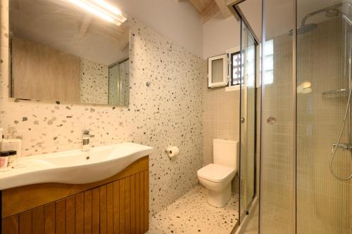 a bathroom with a sink and a toilet and a shower at Evi's Loft in Kontokali