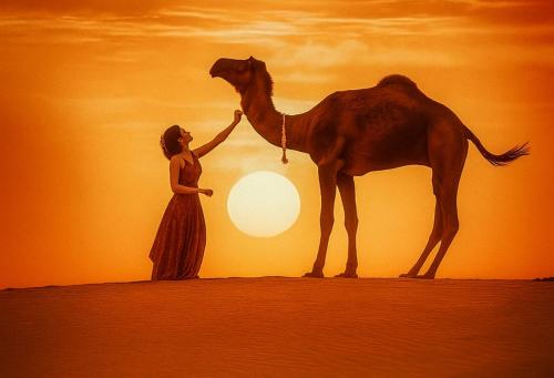 a woman is petting a camel in the desert at The Carvaans Resort-Luxury Desert Camp Jaisalmer in Jaisalmer