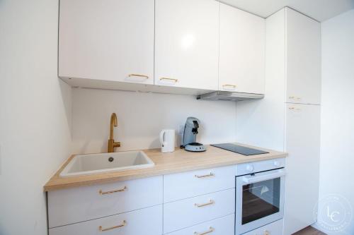 a kitchen with white cabinets and a sink at Le Blois Apartment Modern comfort near the Loire castles in Courbouzon