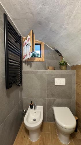 a bathroom with a white toilet and a sink at Coriva Homes - Cogolo Stube in Cogolo