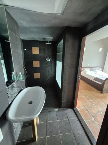 a bathroom with a toilet and a sink and a bed at B&B De Limburgse Bergen in Berg en Terblijt