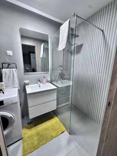a bathroom with a shower and a sink and a washing machine at Nemesis in Podgorica