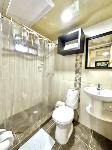 a bathroom with a toilet and a sink at Eco Hotel las Palmas in Armenia
