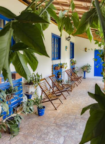a row of chairs in a courtyard with plants at Pousada Raio de Sol in Lençóis