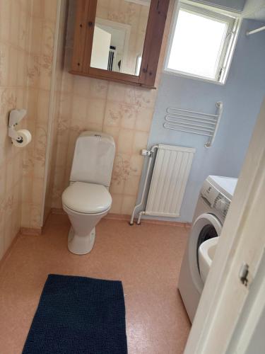a bathroom with a toilet and a washing machine at Naturnära boende i Kosta in Kosta
