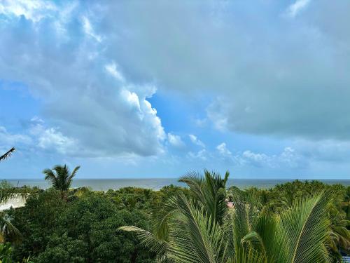 a view of the ocean from a resort with palm trees at Dreamy vibe Stays in Morjim