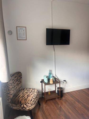a living room with a chair and a flat screen tv at Countryside Family Home in Balrath