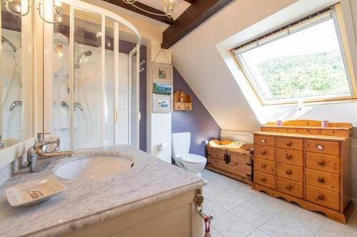 een badkamer met een wastafel, een douche en een raam bij Beautiful Lake Annecy Villa in Menthon-Saint-Bernard