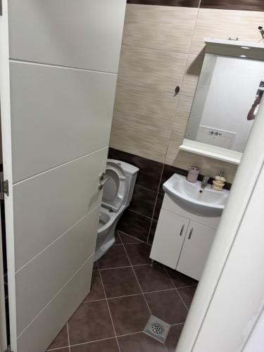 a small bathroom with a toilet and a sink at Apartament-in center of prishtina 3 in Pristina
