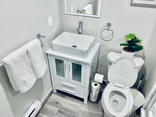 a white bathroom with a sink and a toilet at Bright, Stylish and Comfy Luxury Room With Workspace! in Haledon