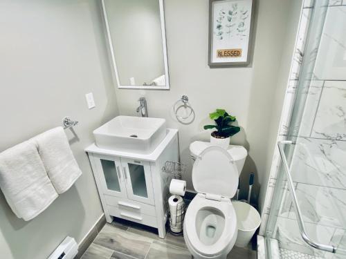 a bathroom with a toilet and a sink and a shower at Bright, Stylish and Comfy Luxury Room With Workspace! in Haledon