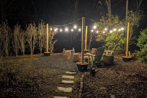 a garden at night with a bunch of lights at Trout House in Mineral Bluff