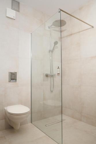 a bathroom with a toilet and a glass shower at Hotel Regal in Sinaia