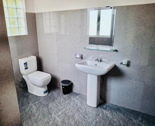 a bathroom with a toilet and a sink and a mirror at Sunset Inn in Kandy