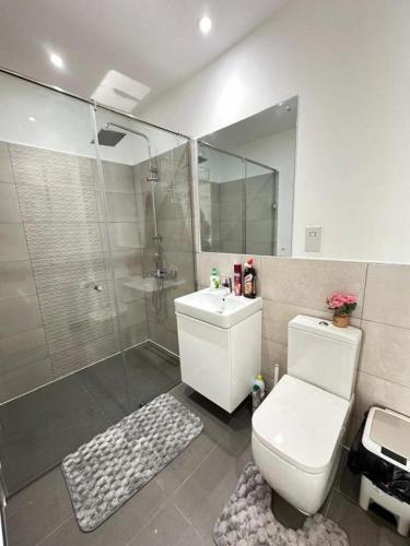 a bathroom with a shower and a toilet and a sink at Loxwood House Apartments in Accra