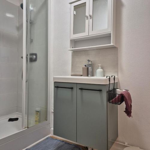 a bathroom with a sink and a shower at Les Suites Marcel Proust in Illiers