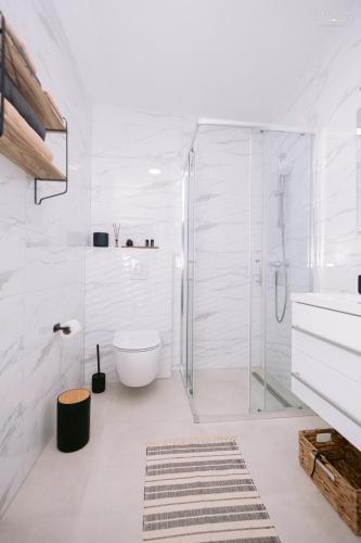 a bathroom with a shower and a toilet and a sink at Stan na dan "Aparté" Brčko in Brčko