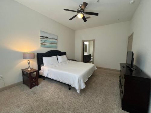 a bedroom with a bed and a ceiling fan at Gorgeous Furnished Apartments near Texas Medical Center & NRG Stadium in Houston