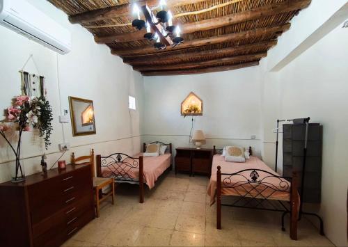 a bedroom with two beds and a wooden ceiling at DC Family Home & Garden - Traditional village house in Pano Arodes