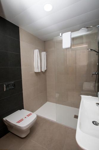 a bathroom with a shower and a toilet and a sink at Hotel Villa Flamenca in Nerja