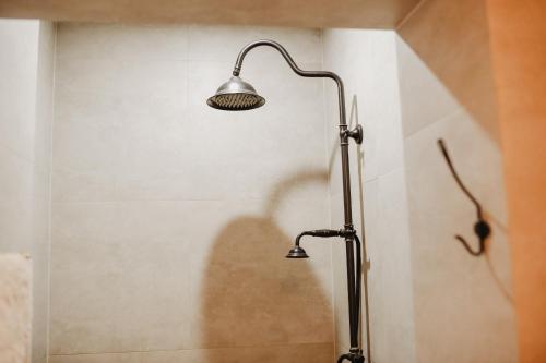 a shower in a bathroom with a lamp on the wall at Uroczysko Oleśnica in Chodzież