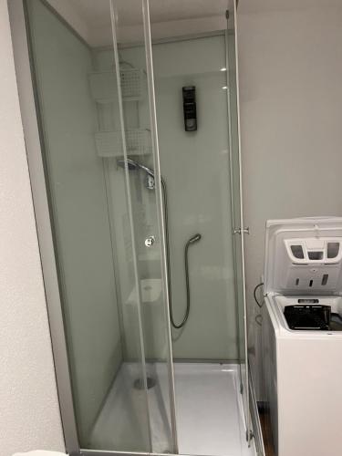 a shower with a glass door in a bathroom at Charmant Studio à Rixheim in Rixheim
