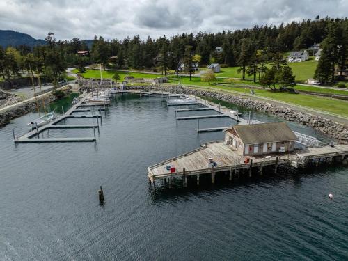 an aerial view of a dock in a body of water at Dockside Boat Rental Beach Rosario Pool Ocean View in Eastsound