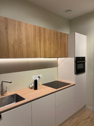a kitchen with white cabinets and a sink at Les chambres de la Villa Oberlin in Beblenheim