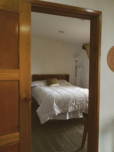 a bedroom with a bed with a large mirror at Casita Ikal in Cedro