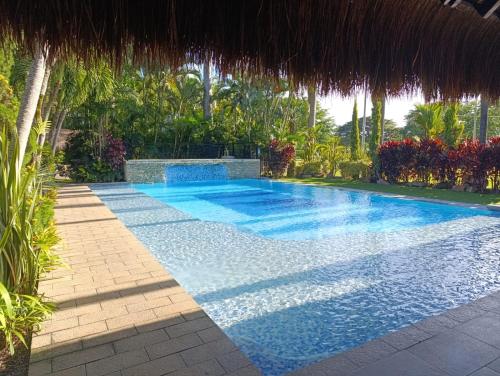 a swimming pool in a resort with a thatched roof at Casa Hacienda Fatima en Rozo in Palmira