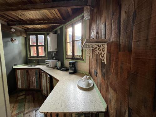 a kitchen with wooden walls and a counter top at Departamentos de El Mercado in Villa La Angostura