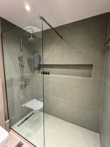 a shower with a glass door in a bathroom at Theros Residence in Stavros