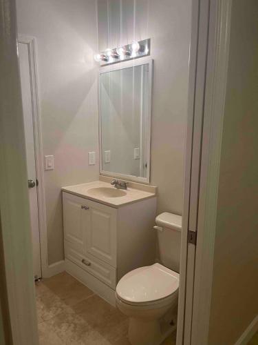 a bathroom with a toilet and a sink and a mirror at The Garden House in Miami Lakes in Miami Lakes