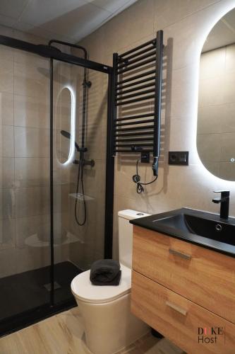 a bathroom with a shower and a toilet and a sink at CH Plaza Elíptica 1 in Madrid