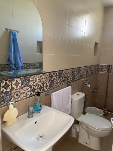 a bathroom with a sink and a toilet and a mirror at Villa zaytoun in Agadir