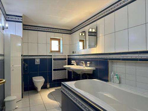 a bathroom with a tub and a toilet and a sink at Villa Cetatuia in Cluj-Napoca