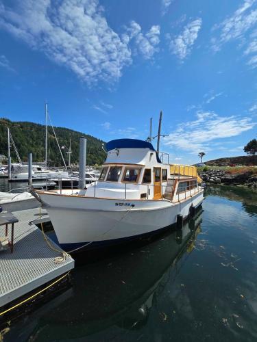 a white boat is docked at a dock at Dockside Boat Rental Suite Rosario Ocean Views in Eastsound