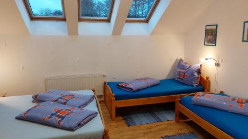 a room with two twin beds with blue sheets at chalupa Slunovrat in Hroznětín