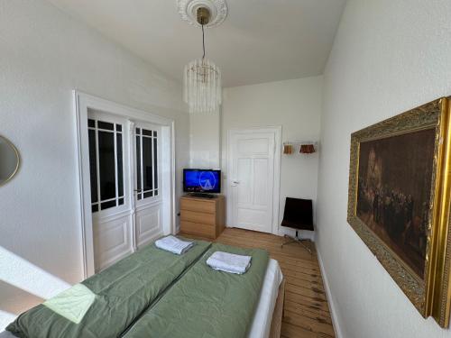 une chambre avec un lit et une télévision dans l'établissement Grand Apartment Worms - Stilvolles Wohnen im Zentrum, à Worms