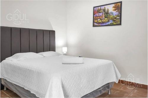 サンタ・アナにあるCozy Bedroom in a coffee farmn in Coatepeque Lakeのベッドルーム1室(白いシーツと壁に絵付)