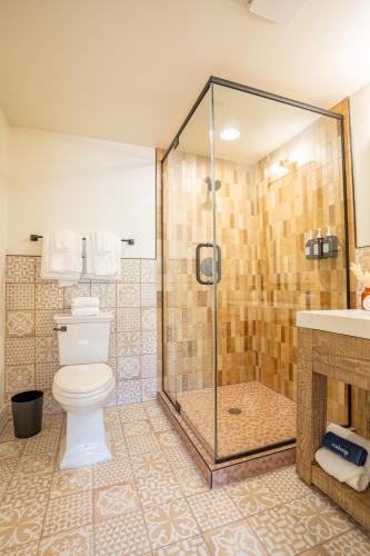 a bathroom with a toilet and a glass shower at Petty Ranch Inn in Springdale