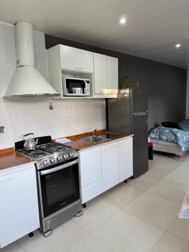 a kitchen with a stove and a sink and a refrigerator at Departamento temporal in Comodoro Rivadavia
